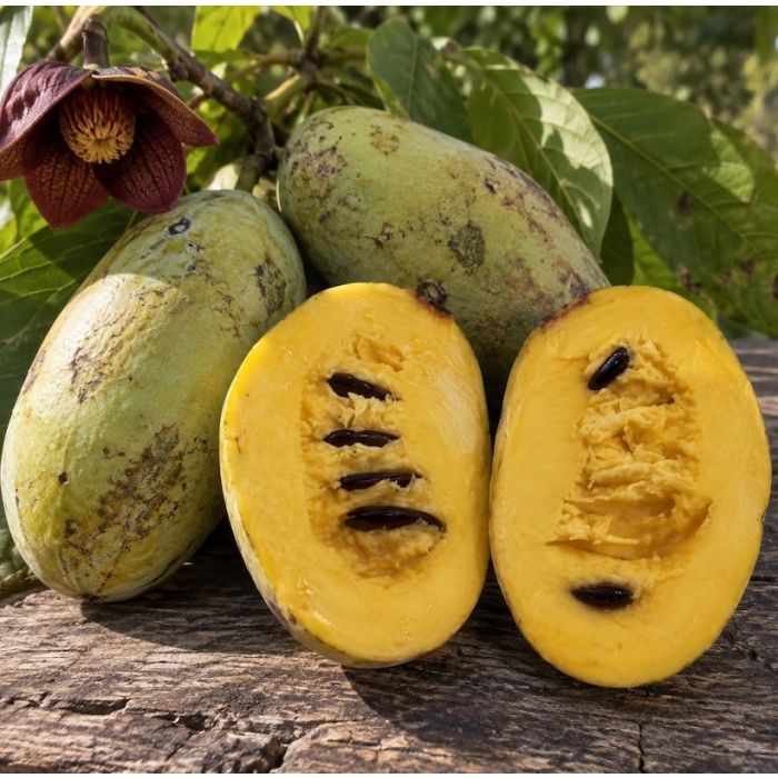 Frutti di Asimina triloba 'Susquehanna' maturi su un ramo con foglie verdi Frutti di Asimina triloba 'Susquehanna' maturi su un ramo con foglie verdi