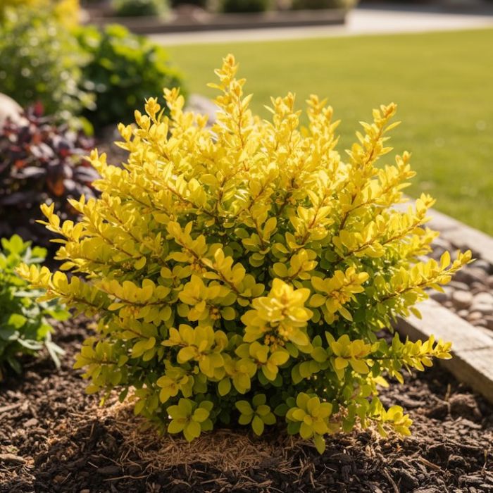 Arbusto di Berberis thunbergii ‘Neon Gold’ con foglie giallo oro in giardino
