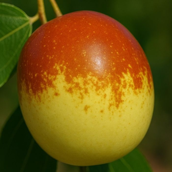 Frutto maturo di Giuggiolo Dabaizao su ramo con foglie verdi, dalla forma tonda e buccia gialla con sfumature rosse, primo piano ad alta risoluzione.