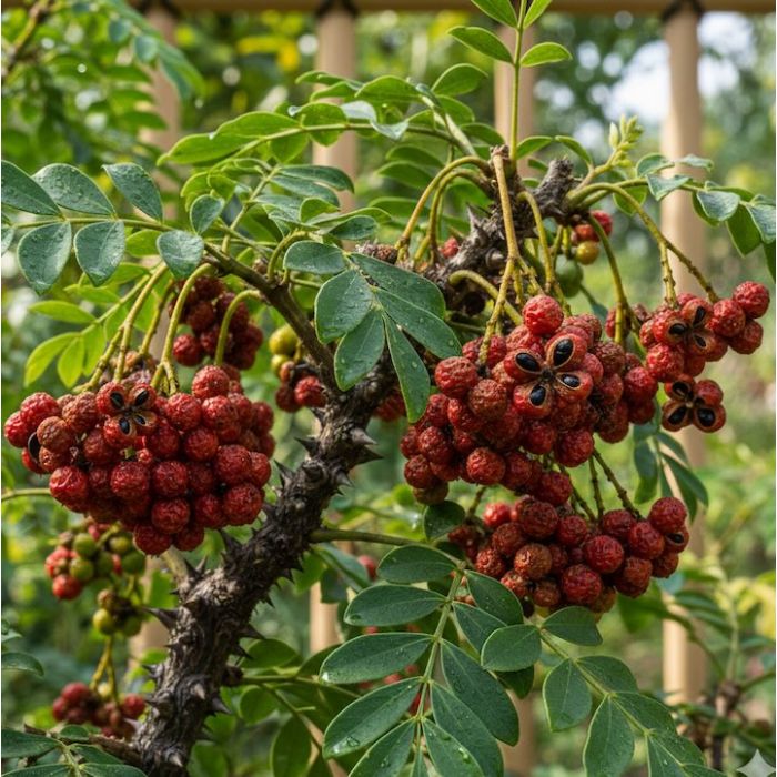 Frutti maturi di Pepe del Sichuan (Zanthoxylum simulans) sull’albero Frutti maturi di Pepe del Sichuan (Zanthoxylum simulans) sull’albero